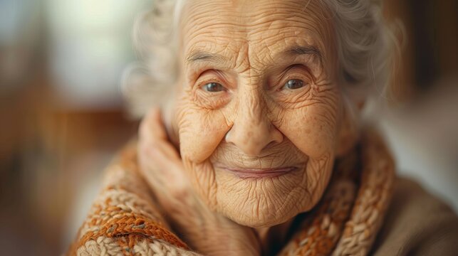 Close-up portrait of a content elderly woman with a warm smile, her face telling the story of a life well-lived.