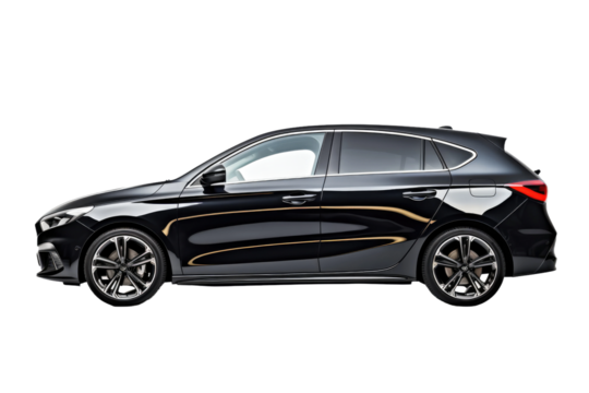 A black car is centered on a white background, with no other objects in sight. The car is sleek and shiny, reflecting the light against the stark white setting.