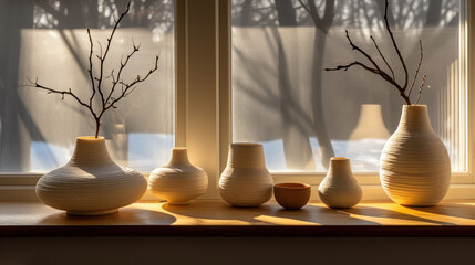 a group of vases sitting on top of a window sill next to a vase with a twig in it.