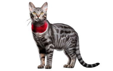 Gray and Black Cat With Red Collar. A domestic cat with gray and black fur is wearing a bright red collar. The cat is sitting and observing its surroundings. on White or PNG Transparent Background.