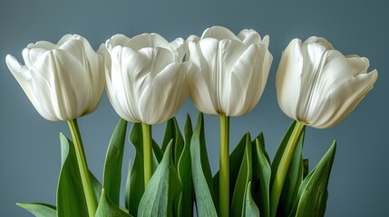 a group of white tulips sitting in a vase with green leaves in front of a dark blue background.