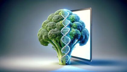 The image is a photorealistic 3D widescreen illustration that creatively merges a broccoli with a digital DNA concept, centered against a subtle gradient background. This is an AI-generated image.