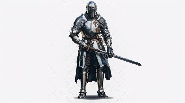 Noble warrior. Portrait of one medeival warrior or knight in armor and helmet with shield and sword posing