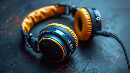 Yellow and black headphones isolated on a dark background.