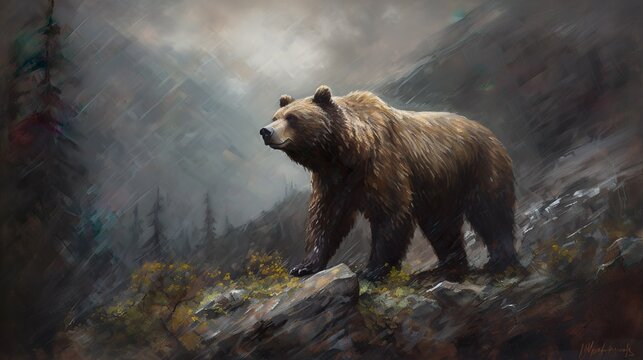 Majestic Brown Bear on Mountain Top in Rain