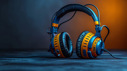 Yellow and black headphones isolated on a dark background.