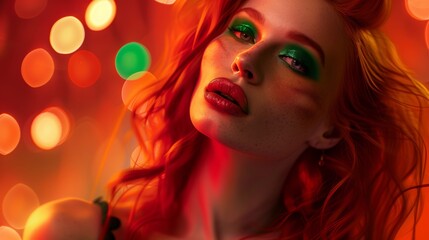 Vibrant red-haired woman, intense gaze, green eyeshadow.