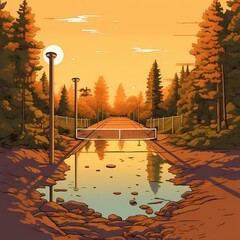 Digital Art of Tennis Court in the Woods at Sunset