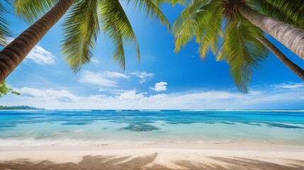 Plage de sable fin avec palmiers et mer turquoise sous les tropiques - obrazy, fototapety, plakaty