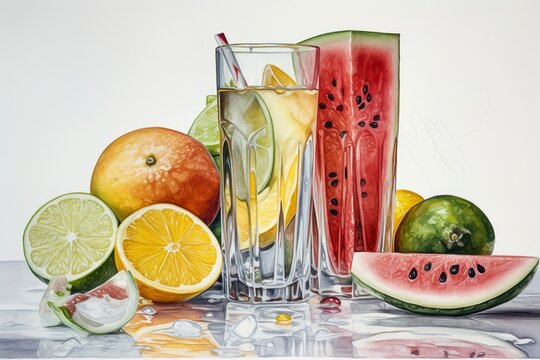 A painting of watermelon, lemons, limes, and a glass of juice on a wooden table