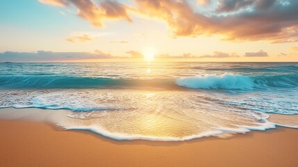 Fototapeta na wymiar A golden sand beach faces a blue ocean, cloud cover, and a setting sun.