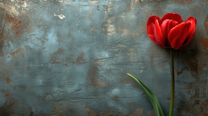 Fototapeta na wymiar a single red tulip sitting on top of a cement wall next to a green leafy plant in front of a rusted metal wall.