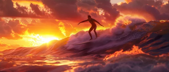 Fototapeten Surfer riding a wave at sunset, vibrant, dynamic, ocean spray, adventure, golden hour, extreme sport © Iona