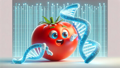 The image is a whimsical 3D widescreen illustration of a cheerful tomato character with a friendly face, interacting with a digital DNA strand against a backdrop of digital graphs.AI generated.