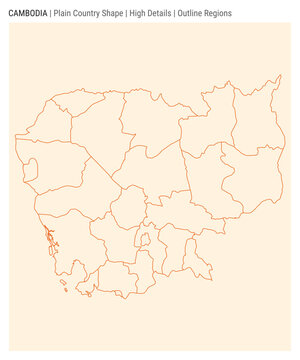 Cambodia plain country map. High Details. Outline Regions style. Shape of Cambodia. Vector illustration.