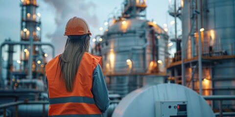 Engineer woman with Reflective vest, safety helmet, safety glasses, using tablet, checking monitor tank of Carbon capture and storage facilities