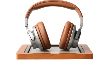 Headphones on Wooden Stand. A pair of headphone rest on top of a wooden stand showcasing a modern and organized storage solution for audio equipment. The stand provides a sleek and functional display.