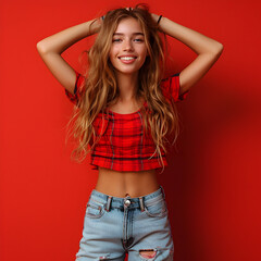 Woman in Red and Plaid Top Posing on Colorful Background - obrazy, fototapety, plakaty