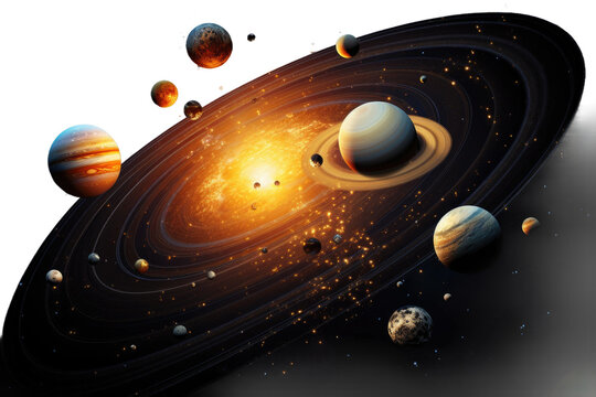 A Complex Solar System With Numerous Planet. This illustration depicts a bustling solar system with multiple planets orbiting around a central star. on White or PNG Transparent Background.