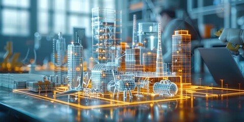 Smart Engineers using laptop computers design models of turbines, solar panels, clean energy networks