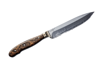 A Knife With a Wooden Handle. A knife with a sturdy wooden handle is positioned on a plain white background. The knife is sharp and well-crafted, ready for various cutting tasks or culinary purposes.