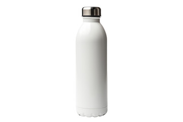 White Water Bottle With Metal Lid. A white water bottle with a metal lid is shown against a plain background. The bottle appears clean and well-maintained, with a simple and functional design.