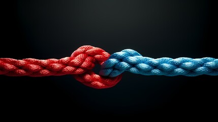 Agreement and cooperation as a bipartisan or bipartisanship trust concept and connected symbol as two different ropes combining and tied together - obrazy, fototapety, plakaty
