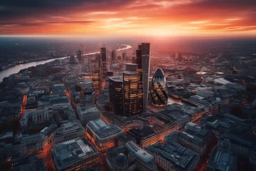 Deurstickers London City skyscrapers buildings, drone view. London streets, banking district. London skyscraper at sunset, aerial view. England, UK. Cityscape financial district. Willis Building, Tower Exchange. © MaxSafaniuk