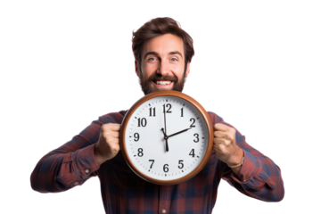 Man Holding Clock in Front of Face. A man is holding a clock in front of his face, his expression obscured by the timepieces hands. The clock is being held up to eye level, blocking the mans features.