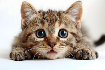 Curious tabby kitten lying down on the floor. Cute pet concept for design and print
