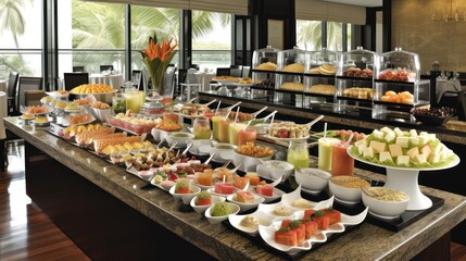 a buffet filled with lots of different types of fruits and veggies on top of a wooden table next to a window.