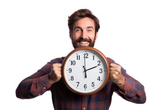 Man Holding Clock in Front of Face. A man is holding a clock in front of his face, his expression obscured by the timepieces hands. The clock is being held up to eye level, blocking the mans features.