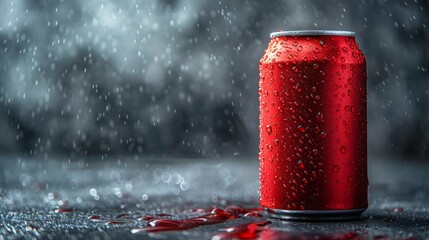 a blank red aluminum can with water drops on the can surface with copy space, Chilled beverage can with Condensation Drops