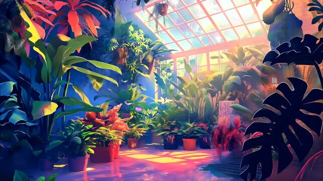 "Botanical Haven: Inside a greenhouse, a plethora of exquisite ornamental plants transforms the space into a verdant sanctuary, seamless looping time-lapse animation video background by AI."