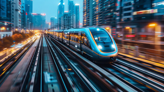 High-speed trains pass through communities in major cities as dusk approaches.
