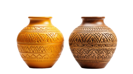 Two Ceramic Vases Placed Next to Each Other. Two ceramic vases of different sizes and designs are positioned side by side on a wooden shelf. on White or PNG Transparent Background.