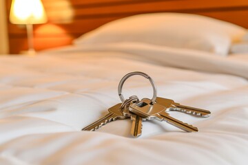 Keys on desk apartment keychain rent hotel room night bread and breakfast home house real estate agent interior residential building pay concept mortgage buy purchase pay ownership motel stay tourism
