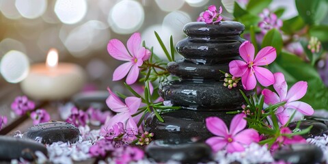 group of black stones stacked with flowers in the spa