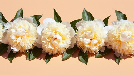a group of white flowers sitting on top of a peach colored table next to a green leafy plant on top of a pink surface.