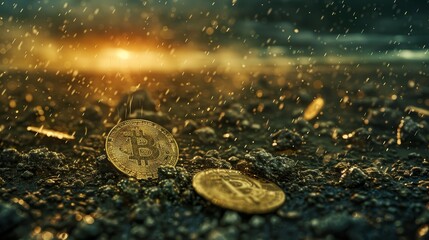 Two Bitcoin coins lie on the ground, illuminated by the golden light of the setting sun. - obrazy, fototapety, plakaty
