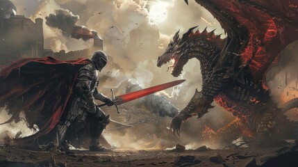 A valiant knight in a red cape stands ready to battle a fierce dragon amidst a backdrop of smoking ruins. - obrazy, fototapety, plakaty