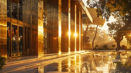 Sunrise casting a warm glow and reflections on the sleek glass facade of a modern office building.