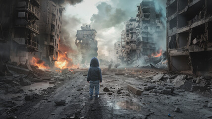 A solemn child gazes at the devastation of a war-torn cityscape.