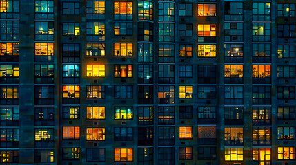 Urban Pulse: Nightlife in Illuminated City Apartments with Abstract Patterns and Bright Windows
