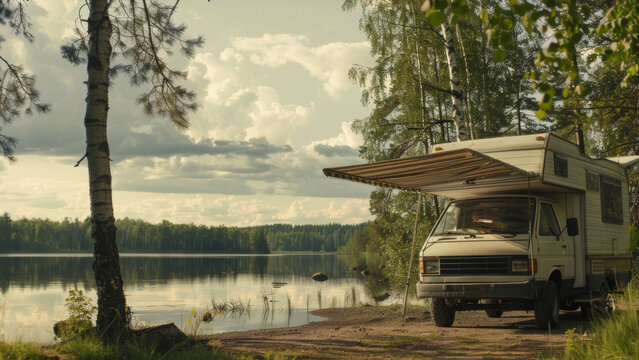 Tranquil lakeside moment as a camper van rests by the calm water amidst birch trees in the wild.