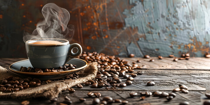 A steaming cup of hot coffee and coffee beans elegantly arranged on a vintage wooden table.
