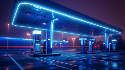 A futuristic gas station illuminated by vibrant blue lights at night