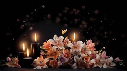 Close-up of hands lighting candles between flowers on graves, representing the act of remembrance - obrazy, fototapety, plakaty
