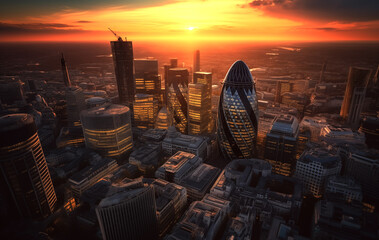 London City skyscrapers buildings, drone view. London streets, banking district. London skyscraper at sunset, aerial view. England, UK. Cityscape financial district. Willis Building, Tower Exchange. - obrazy, fototapety, plakaty