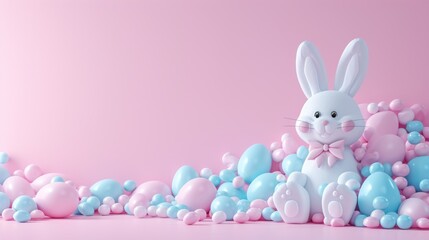 a white rabbit sitting in a pile of blue and pink balloons on a pink background with a pink wall in the background.